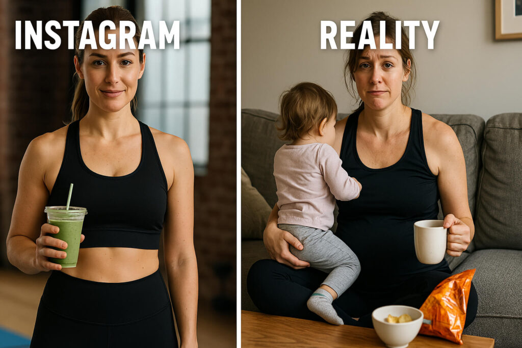 Funny side-by-side image comparing unrealistic fitness influencer content to the real-life chaos of exercising as a busy mum.