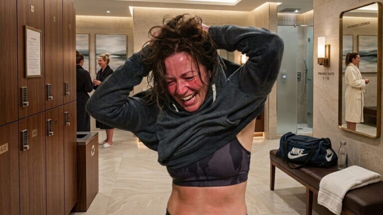Sweaty woman struggling to remove a hoodie in a gym changing room after a workout.
