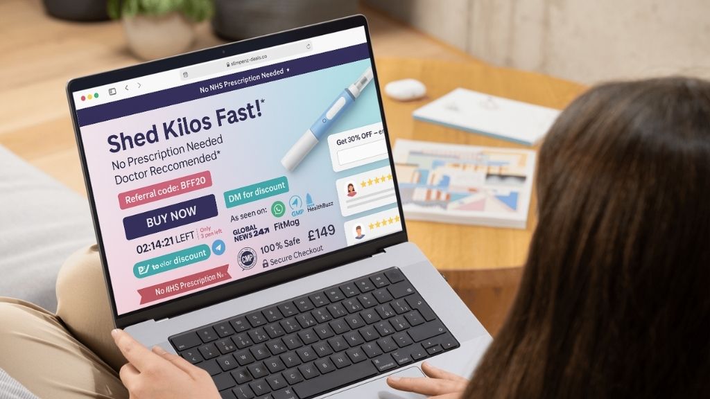 Woman researching weight-loss injections UK on a laptop at home (Ozempic/Wegovy and Mounjaro risks & safety)