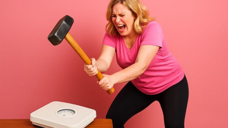 A frustrated woman in a pink T-shirt about to smash a bathroom scale with a sledgehammer, capturing the emotional reality of a weight-loss plateau.