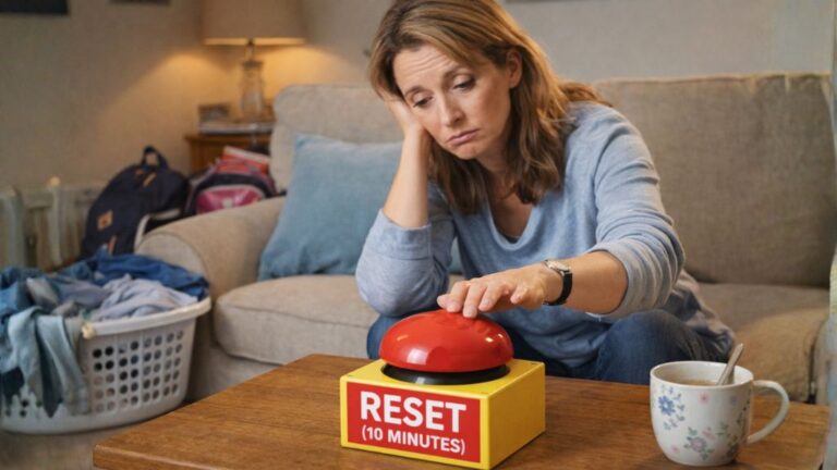 A stressed woman sitting on a sofa reaching for a large red “Reset (10 Minutes)” button, representing short movement breaks to reduce stress and build consistency.