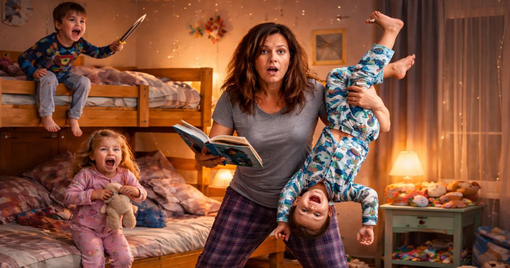 A stressed mum managing chaotic bedtime with energetic children, illustrating mental overload, exhaustion, and everyday parenting pressure.