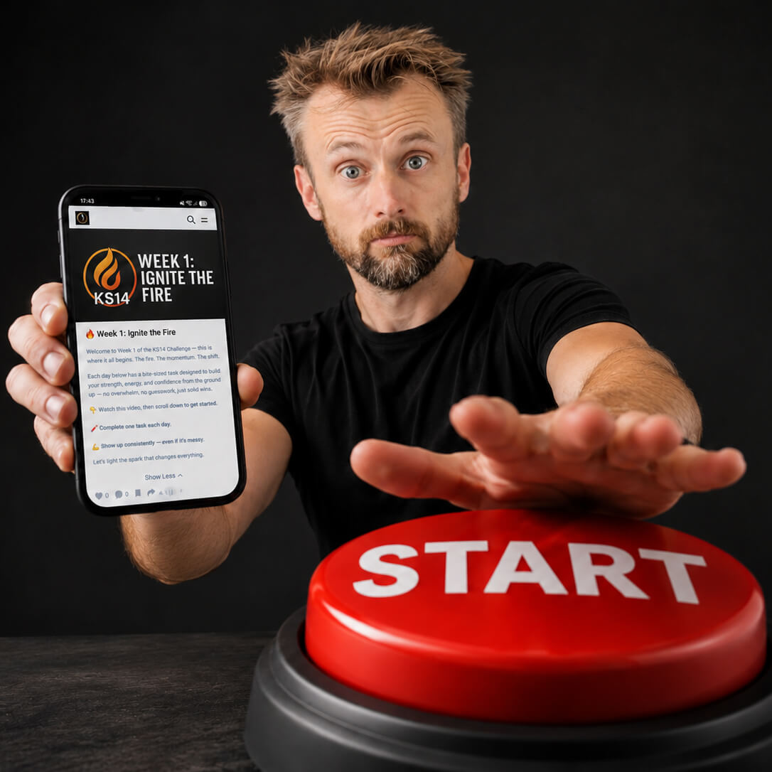 Anthony holding the KS14 challenge on a phone while reaching towards an oversized red Start button
