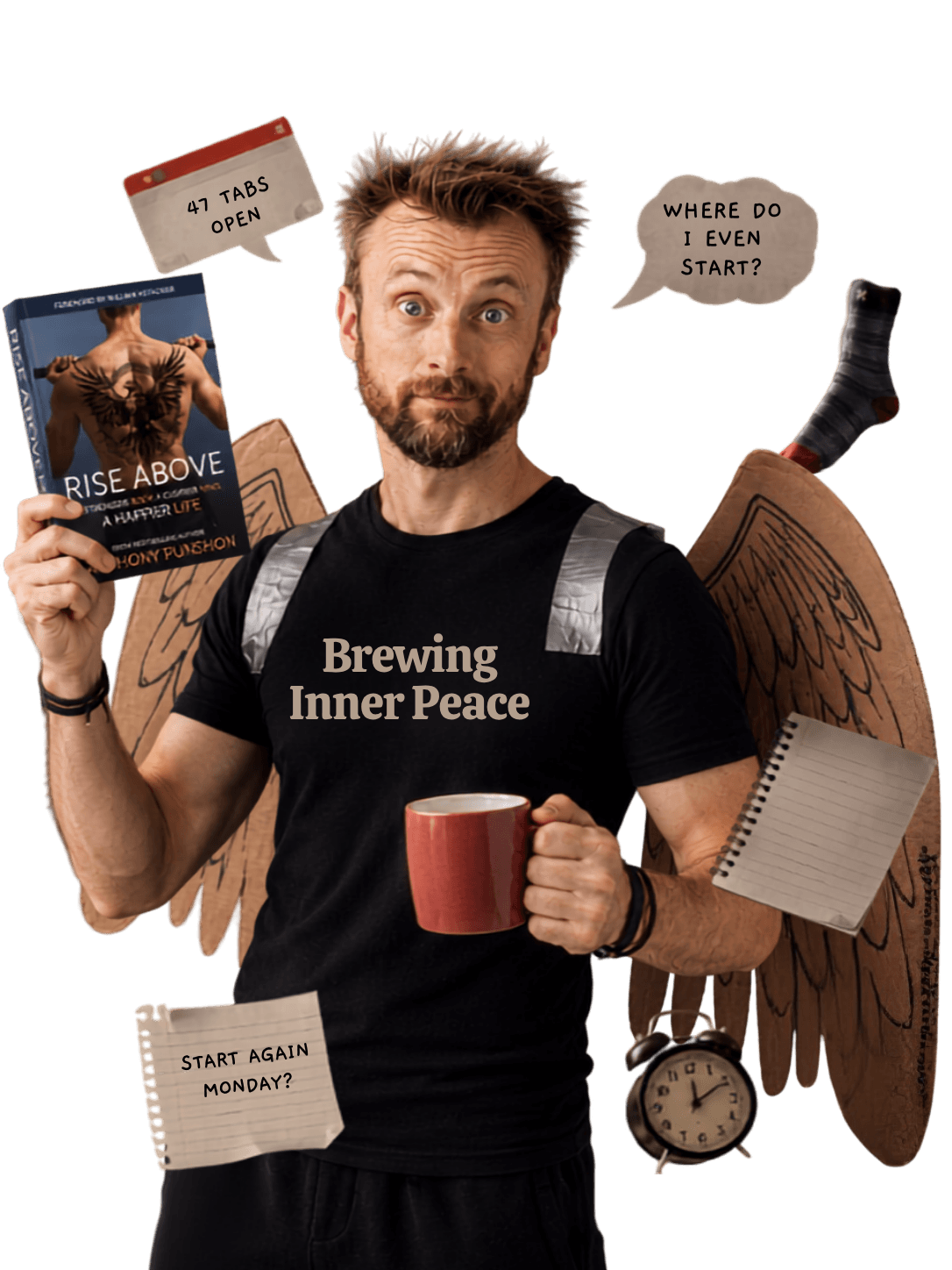 Anthony Punshon holding the Rise Above book while surrounded by everyday pressures and distractions