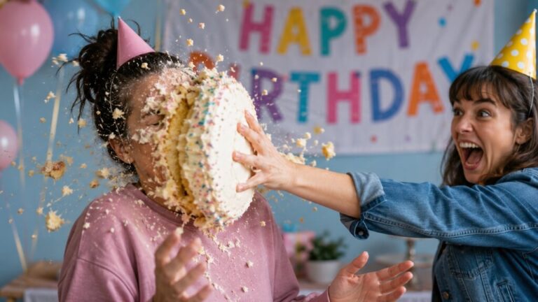 Woman being hit in the face with birthday cake at a party, illustrating how one celebration meal can feel dramatic after a bad food day.