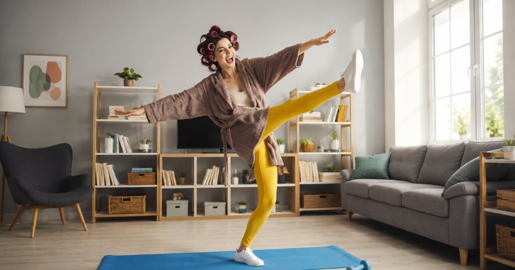 Woman exercising dramatically at home in a dressing gown and hair rollers, illustrating the mistake of using workouts as punishment after a bad food day.