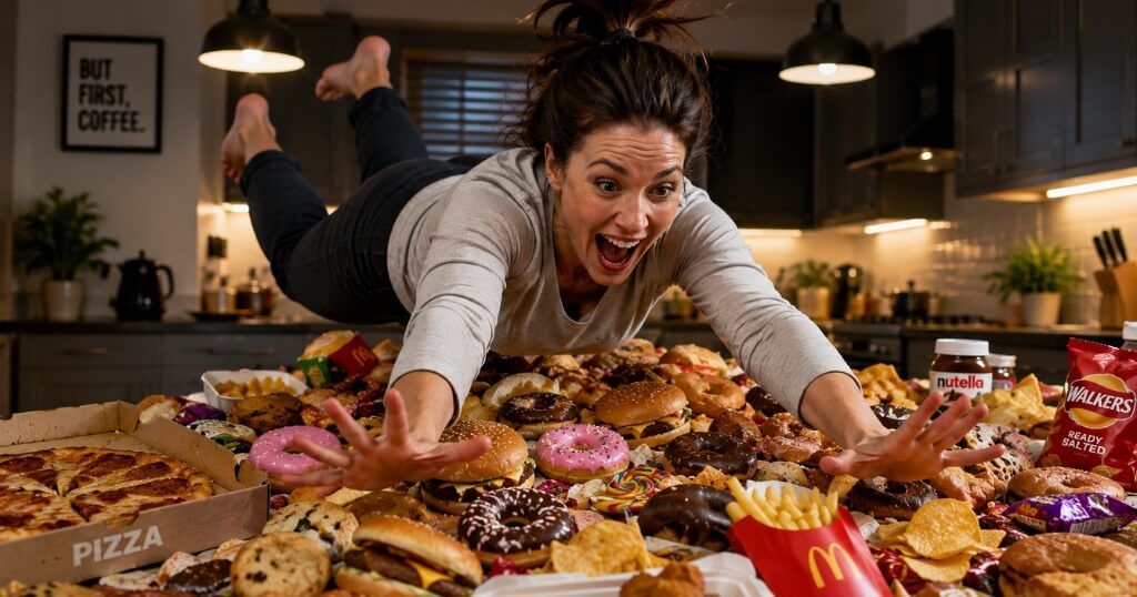 Woman diving comically into a table covered with takeaway food and snacks
