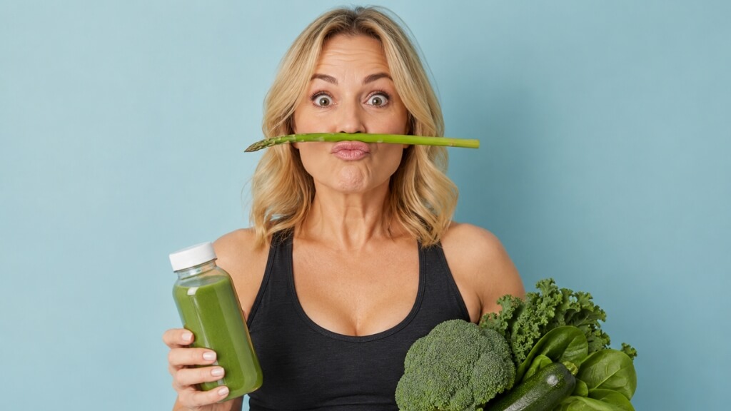 Woman holding vegetables and a green smoothie while balancing asparagus beneath her nose