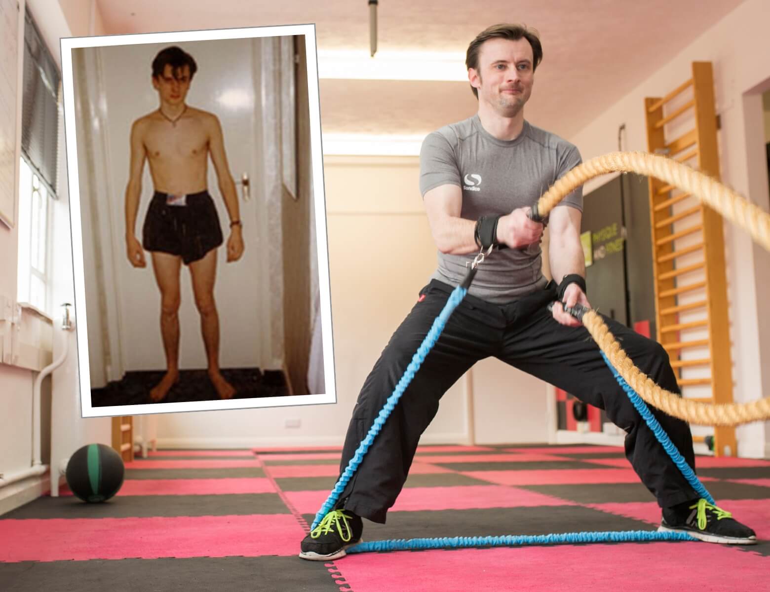 Anthony Punshon's early physique photo shown beside a later battle-rope training image
