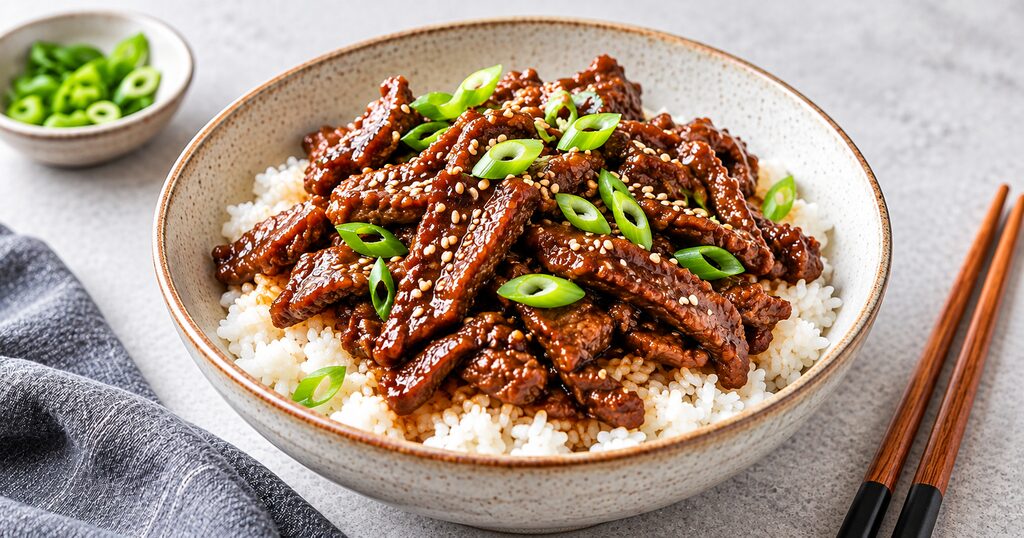 Korean-style beef with rice, spring onions and sesame seeds